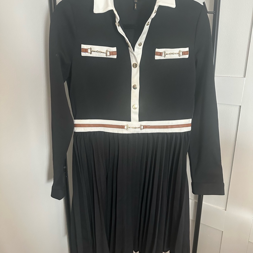 Maje Black and Cream Long Sleeve Dress